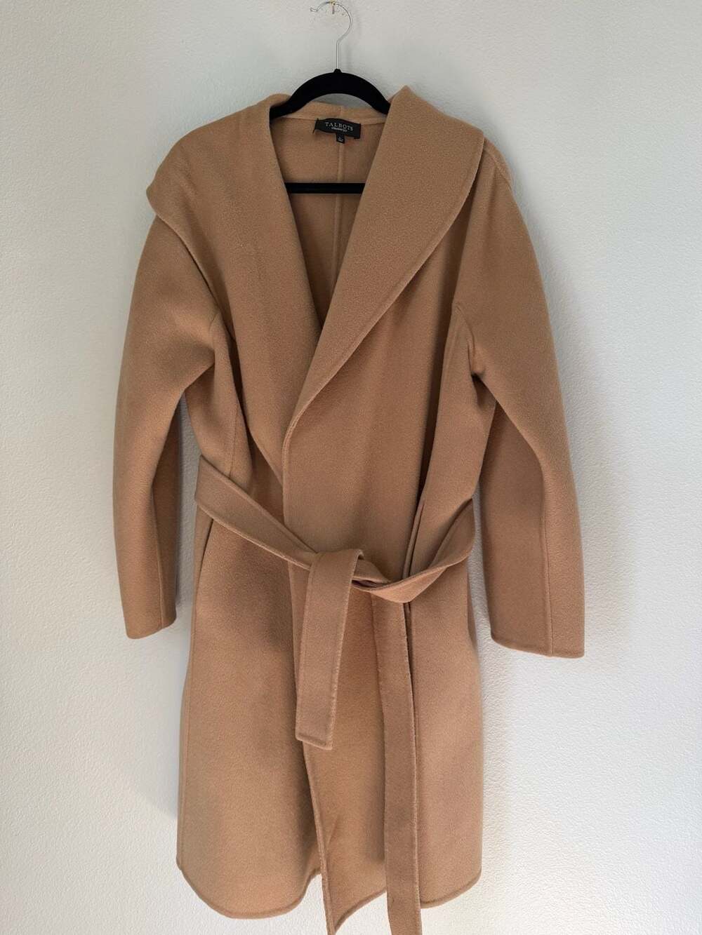 Talbots Wool Blend Hooded Belted Wrap Coat Size L Camel